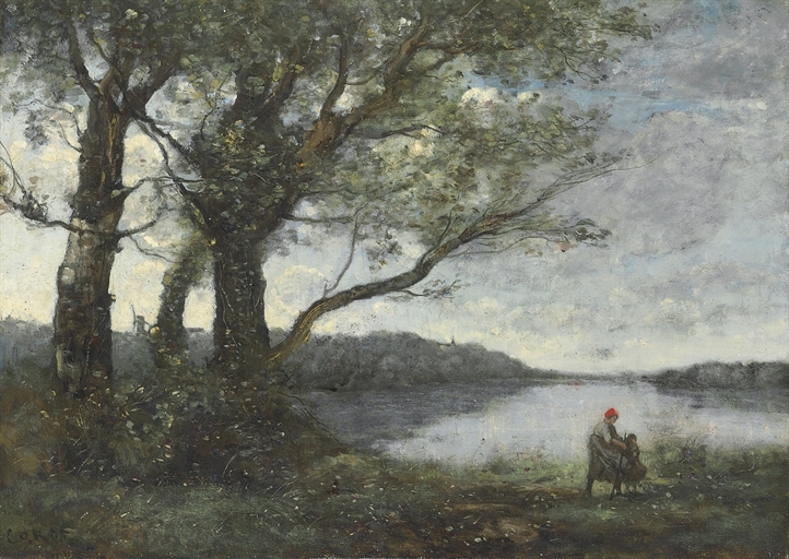 Les trois arbres en vue du lac by Jean Baptiste Camille Corot, Painted circa 1865-1870