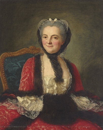 Artwork by Marianne Loir, Portrait of a woman, seated, in a red dress with a black muff, Made of oil on canvas