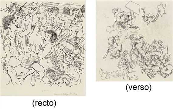 Greenwich Village Tombstone (recto); Fight Scene Depicting an Unsuccessful Worker's Strike (verso)
... by George Grosz, 1941