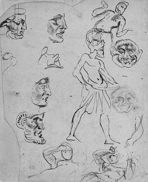 Artwork by Eugène Delacroix, Studies of faces, a warrior after the antique, and two reclining female figures
