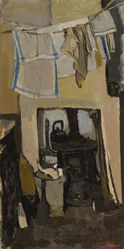 Artwork by Joan Kathleen Hardy Eardley, The stove ( recto ); Cottages in a landscape ( verso )