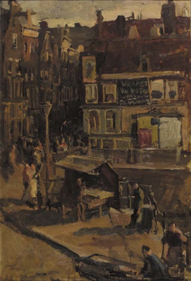 A streetscene in Amsterdam with townsfolk by a bookstall by Isaac Israëls