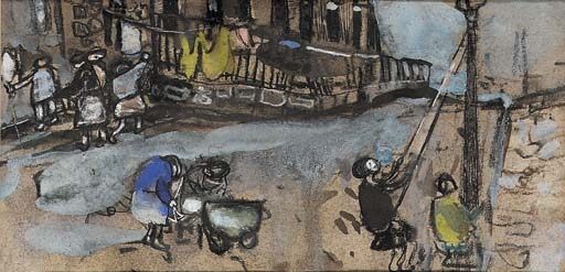 Artwork by Joan Kathleen Hardy Eardley, Children playing, Glasgow, Made of pencil, charcoal, pastel, gouache, pen and black ink on buff paper
