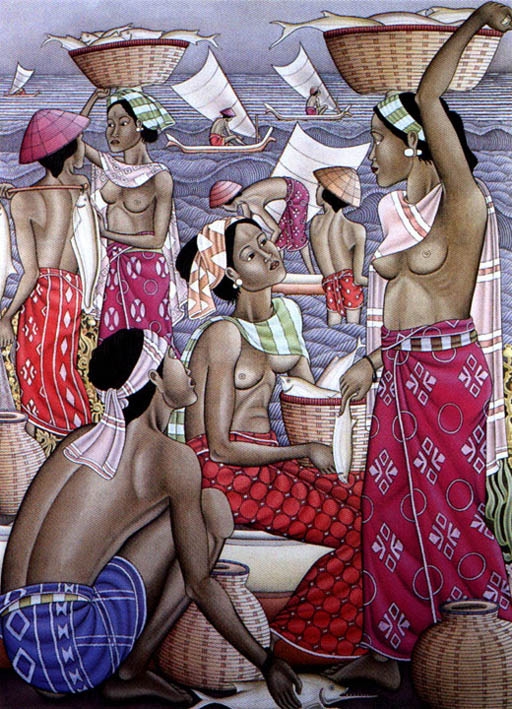Artwork by Dewa Putu Bedil, Fish market by the beach