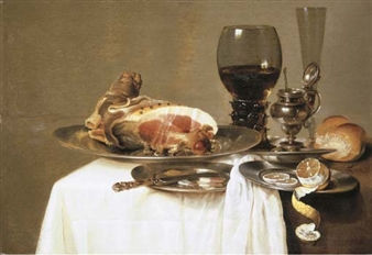 A ham on a pewter platter, and slices of ham and a knife on a pewter plate, with a bowl of olives, a roll, a pewter mustard pot, a partly-peeled lemon, a roemer and a glass flute on a partly draped table - Willem Claesz. Heda