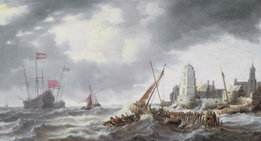 Frigates, smalschips and other shipping in a stiff breeze off a port by Bonaventura Peeters I, 1639