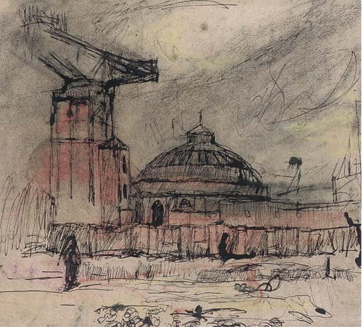 Artwork by Joan Kathleen Hardy Eardley, Stobcross Crane and Rotunda, Glasgow, Made of pastel, pen and black ink