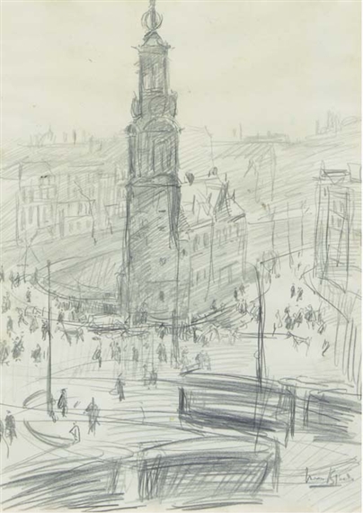 A bird's-eye view of the Munttoren, Amsterdam by Isaac Israëls