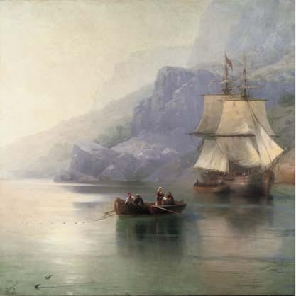 A fishing boat with a Russian merchant brig at anchor