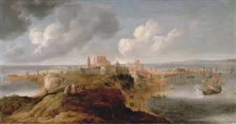 A fortified port on a promontory, an English frigate firing a salute - Bonaventura Peeters I