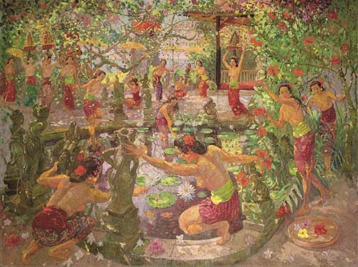 Artwork by Adrien Jean Le Mayeur de Merprés, Women around the lotus pond, Made of oil on canvas