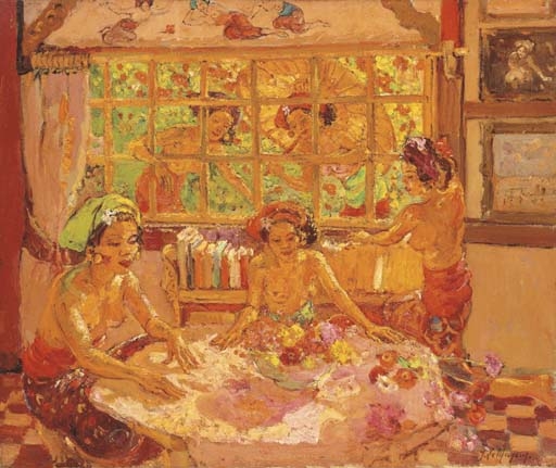 Women in a Balinese interior with women by the window by Adrien Jean Le Mayeur de Merprés