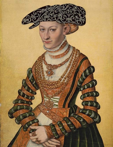 Portrait of a lady, three-quarter-length, in a green velvet and orange dress and a pearl-embroidered black hat by Lucas Cranach the Younger