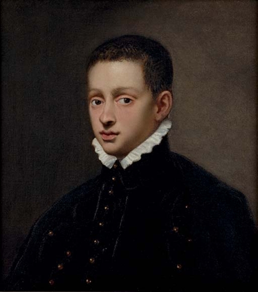 Portrait of a boy, bust-length, in a black doublet with a white collar by Jacopo Tintoretto
