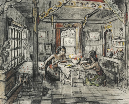 Two Balinese women in an interior by Adrien Jean Le Mayeur de Merprés