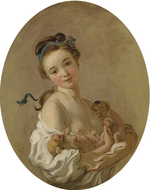 Artwork by Jean-Honoré Fragonard, Young girl holding two puppies, Made of oil on canvas