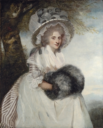 Portrait of Mrs Wells, three-quarter-length, seated, in a striped dress and straw hat by Sir Joshua Reynolds