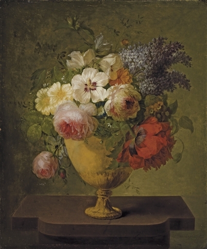 Artwork by Joseph-Laurent Malaine, Roses, lilas et autres fleurs dans un vase, Made of oil on copper