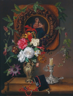 Still Life with Flowers in a Vase and a Portrait of the Madonna by Leopold Brunner the Elder, 1852