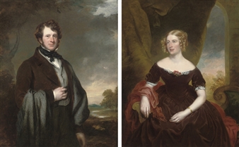 Portrait of Sir Digby Cayley, 7th Bt., standing half-length, in a brown coat, a landscape beyond; and Portrait of Lady Cayley, seated three-quarter length, in a maroon dress, a landscape beyond - Benjamin Rawlinson Faulkner
