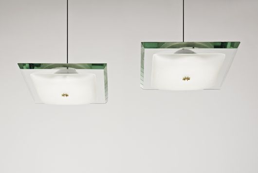 Artwork by Fontana Arte, Pair of ceiling lights, model no. 1990, Made of Glass, frosted glass, painted metal, brass.