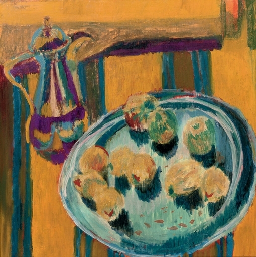 A still life with a coffeepot and fruits on a tray by Jan Wiegers, Painted circa 1927.