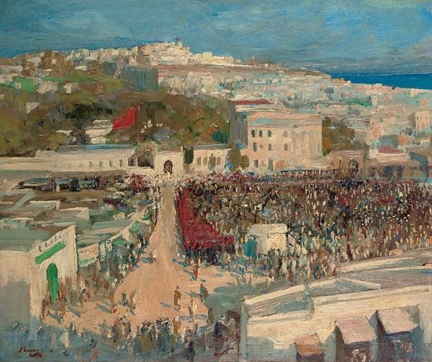 Artwork by John Lavery, The Moorish Flag, Hoisted on the German Legation, Tangier, Made of oil on canvas