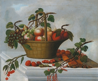 Still life with a basket of fruit and pieces of fruit on a stone table - Monogrammist PH