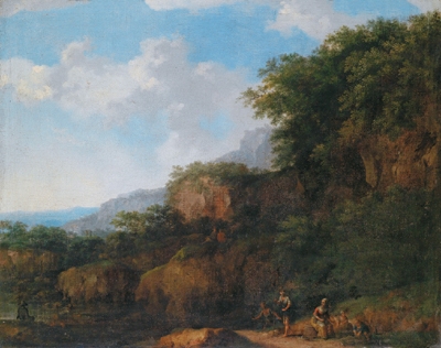 Mountainous wooded river landscape with figures by Johan Lagoor