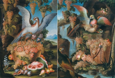 Artwork by Francesco Malagoli, Two still lifes with birds and fruit against a landscape backdrop, Made of oil on canvas