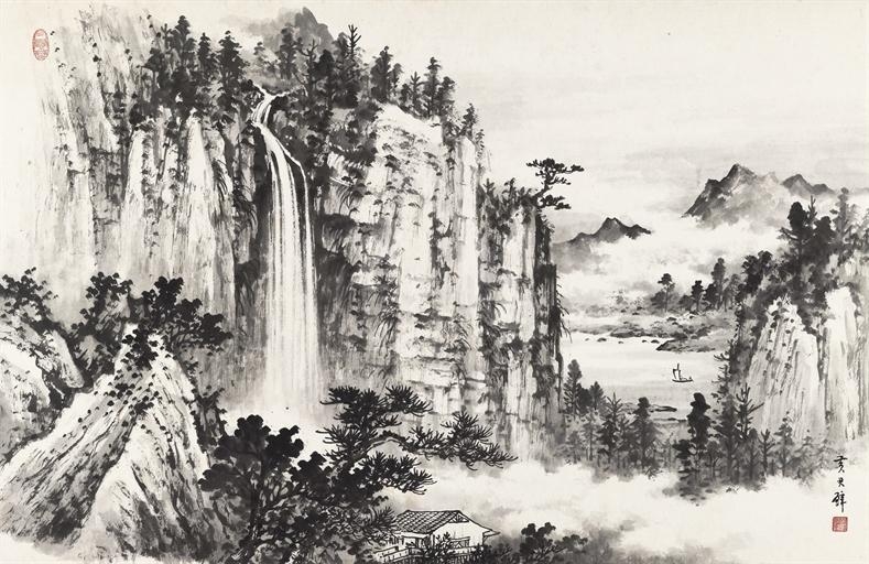 Landscape with Waterfall by Huang Junbi