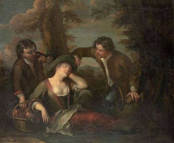 A wooded landscape with boys spying on a sleeping maiden by Philip Mercier