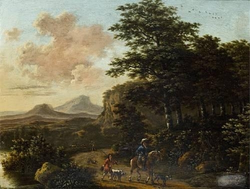 A wooded landscape with a huntsman and his dogs on a country path by Willem de Heusch