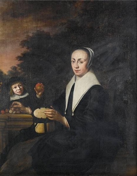 Portrait of a gentleman, three-quarter-length, in black dress, seated in a landscape; and Portrait of a lady, three-quarter-length, in a black dress, with a wicker basket, and a young boy playing with apples by Jacobus Levecq
