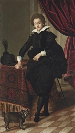 Portrait of a gentleman, possibly of the Strozzi family, full-length, in black doublet, mantle and pantaloons, wearing a sword, his hat on the carpet-draped table beside, with a draped curtain and a lap-dog by Jacopo Chimenti