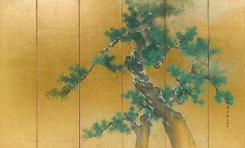 Artwork by Rankosai Korenobu, A pair of six-fold screens, Made of both painted in ink, gofun and colour on a gold-paper ground, depicting a gnarled fungus-covered pine tree