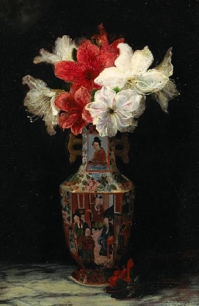 Artwork by Marmaduke A. Langdale, A still life of flowers in an Cantonese enamelled vase, Made of oil on canvas