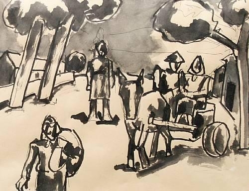 Figures with horse and cart by Josef Herman