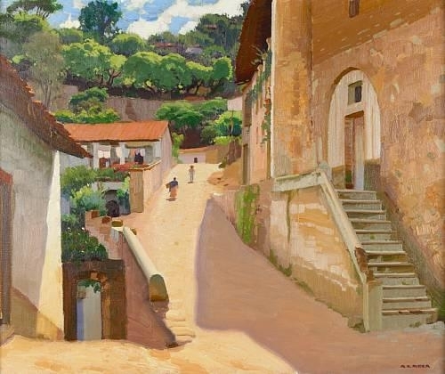 Figures along a Taxco street by Arthur Grover Rider