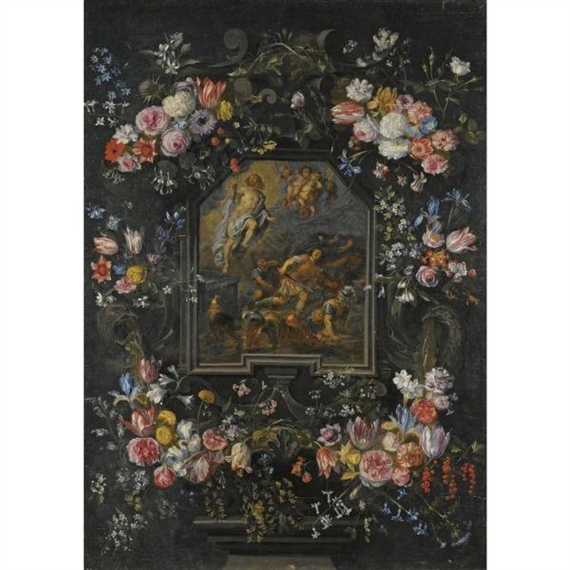 GARLANDS OF FLOWERS SURROUNDING A STONE CARTOUCHE INSET WITH A PAINTING DEPICTING THE RESURRECTION by Jan Brueghel the Younger, Abraham van Diepenbeeck