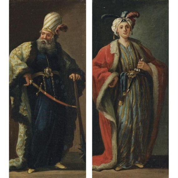 A PAIR OF FIGURES, FULL-LENGTH, DRESSED À LA TURQUE by Jean Barbault