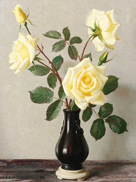 Artwork by John Bulloch Souter, Yellow roses in a black jug, Made of oil on board