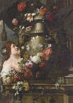 A lady adorning a sculpted urn with roses, lilies and other flowers, with a draped column and grapes on a stone ledge - Pieter Ykens