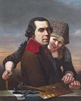 A portrait of the artist, half-length, seated, with a woman in traditional costume, at a parapet with a palette, brushes, a palette knife, a pencil and drawings - Nicolas Louis Albert Delerive