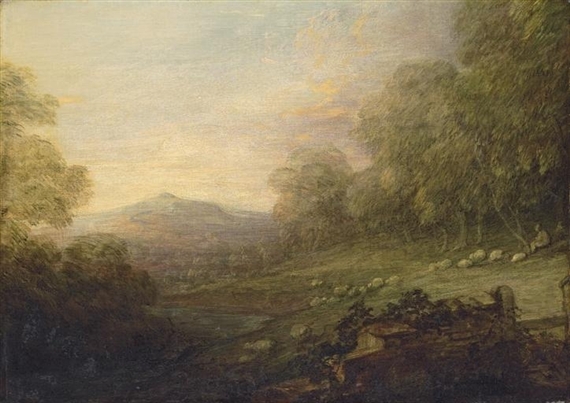 Wooded landscape with a shepherd and sheep on a slope by a river, a mountain beyond by Thomas Gainsborough