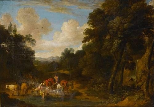 A wooded landscape with a horseman and shepherdess fording a stream by Martinus de la Court