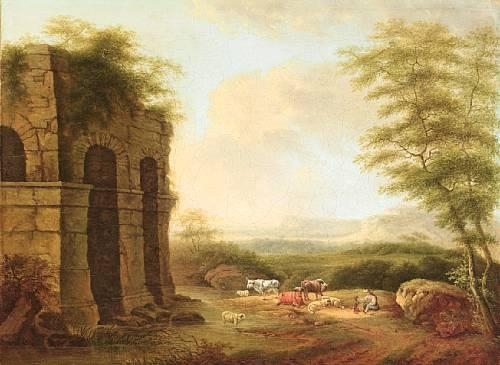 A herdsman and his dog beside a ruined arch by Bernhard Gottfried Manskirch