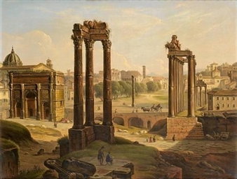 A view of the Roman Forum from the Capitoline Hill looking north, with the Temple of Saturn, the Arch of Septimus Severus, the Arch of Constantine and the Colosseum beyond - Michelangelo Pacetti