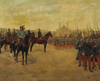 Reviewing the 28th Infantry Regiment with a North African town in the distance - Pierre Petit-Gérard