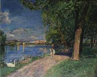 A sun-drenched riverside scene with figures, trees, and a distant industrial skyline.